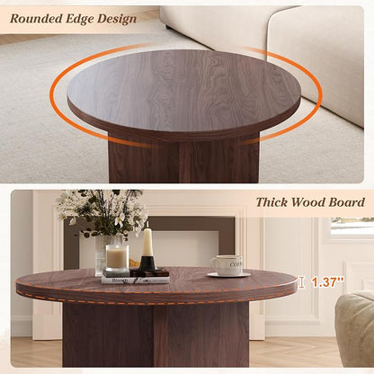 Luoxiao Round Coffee Table, 31.5" Mid Century Modern Center Tables, Walnut | Triangle Base with Anti Slip Feet for Stability, Circle Accent Table for Living Room, Apartments, Space-saving, Easy Assembly