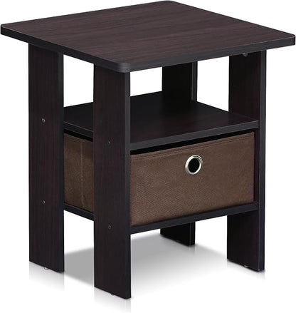 Furinno TIDUR 3-Tier Night Stand, Nightstand with Storage Bin, Dark Walnut | Open Shelf Design, Bedside Table, End Table, Side Table for Bedroom, Living Room