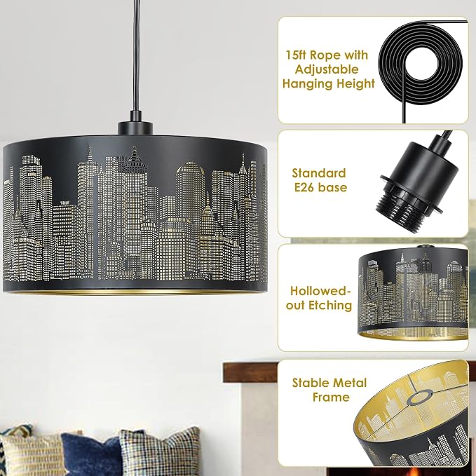 Qingmiao Plug in Pendant Light, Hanging Lamp Plug in with LED Bulb, 3-Way Dimmable Hanging Light Fixture for Living Room Bedroom Kitchen Ceiling Farmhouse Home Decor