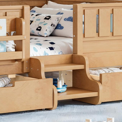 Bellemave Full Floor Bed with Stairs, Rails and Slats, Full Size Montessori Floor Bed with Bookshelf and 2 Storage Drawers, Easy Assemble Montessori Beds Frame for Girls, Boys, Deep Natural