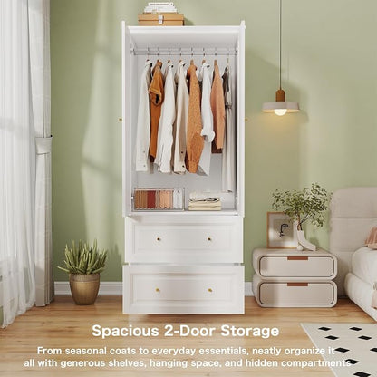 Armoire Wardrobe Closet with Drawers: Large White Wardrobe Closet with 2 Doors and 2 Drawers, Wooden Bedroom Armoires Storage Cabinet with Hanging Rod and Shelves (32")