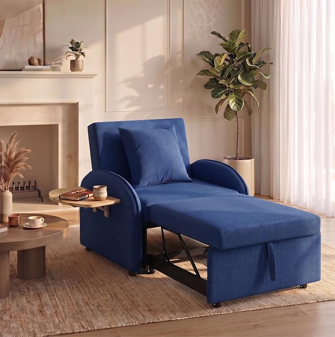 3-in-1 Convertible Sleeper Bed, Pull Out Single Sofa Bed with Adjustable Backrest, Foldable Recliner Sofa with Side Table & USB Port, Sleeper Chair for Living Room, Home Office, Blue