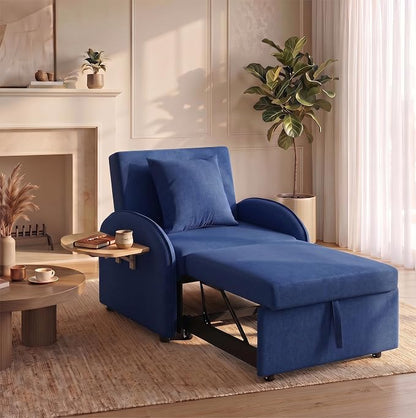 3-in-1 Convertible Sleeper Bed, Pull Out Single Sofa Bed with Adjustable Backrest, Foldable Recliner Sofa with Side Table & USB Port, Sleeper Chair for Living Room, Home Office, Blue