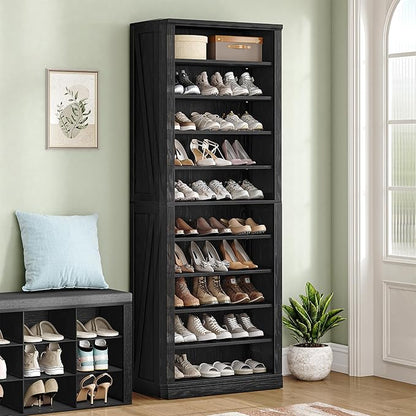 Hzuaneri Shoe Storage Cabinet, 10 Tiers Freestanding Shoe Cabinets, Wooden Shoes Rack with Cubby, 27-30 Pairs, Farmhouse Tall Shoes Cubby Organizer for Entryway, Living Room, Black SR52604X