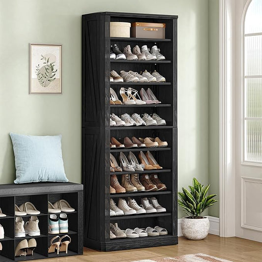 Hzuaneri Shoe Storage Cabinet, 10 Tiers Freestanding Shoe Cabinets, Wooden Shoes Rack with Cubby, 27-30 Pairs, Farmhouse Tall Shoes Cubby Organizer for Entryway, Living Room, Black SR52604X