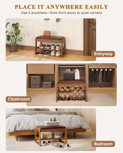 IUNVR Shoe Rack Bench with Hidden Storage, 2-TierSolid Rubberwood Entryway Bench with SoftLeather Cushioned Seat & Flip-Top Storage,330lbs Capacity, Wooden Shoe Organizer forHallway, Closet, Foyer