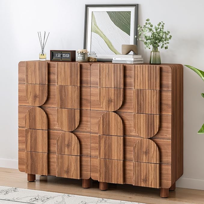 Fluted 5 Drawers Dresser for Bedroom, 46" Tall Dressers & Chest of Drawers w/Curved Profile Design, Wood Mid Century Modern Vertical Storage Dressers Organizer for Living Room, Hallway, Walnut