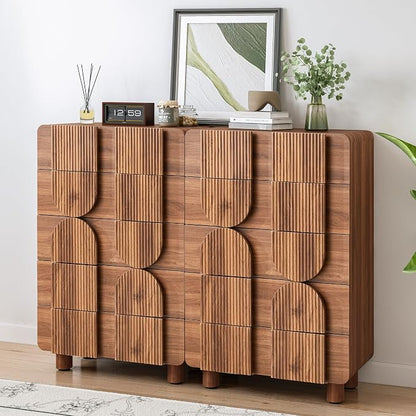 Fluted 5 Drawers Dresser for Bedroom, 46" Tall Dressers & Chest of Drawers w/Curved Profile Design, Wood Mid Century Modern Vertical Storage Dressers Organizer for Living Room, Hallway, Walnut