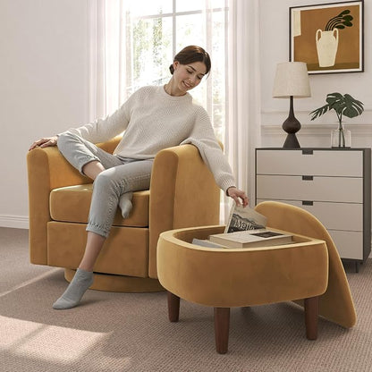 Swivel Accent Chair with Storage Ottoman, Modern Velvet Barrel Chair, Upholstered Armchair with Footrest for Living Room/Reading/Bedroom, 25.4'' D x 28.35'' W x 24.4'' H, Yellow