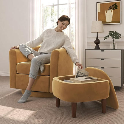 Swivel Accent Chair with Storage Ottoman Set of 2, Modern Velvet Barrel Chair, Upholstered Armchair with Footrest for Living Room/Reading/Bedroom, 25.4'' D x 28.35'' W x 24.4'' H, Yellow