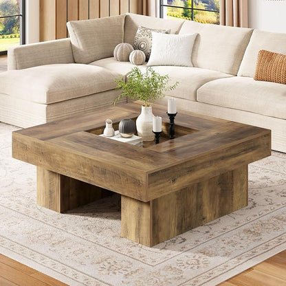 LVB Coffee Table, Modern Wood Led Living Room Table with Storage, Farmhouse Large Square Center Table with LED Light, Unique Wide Low Tea Table for Living Room Home Office, 39.37 Inch, Rustic Oak
