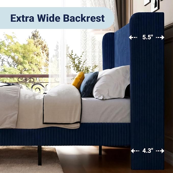 Allewie Queen Size Bed Frame with Upholstered Wingback Headboard, Vertical Channel Tufted Corduroy Velvet Platform Bed, Strong Wooden Slats Support, No Box Spring Needed, Easy Assembly, Dark Blue