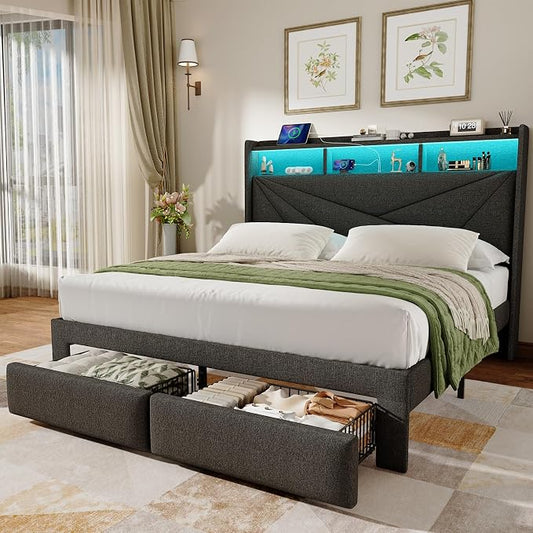 Driftalia Full Size Bed Frame with 2-Tier Storage Headboard, Upholstered Full Bed Frame with 2 Drawers, Charging Station and LED Lights, No Box Spring Needed, Easy Assembly - Dark Grey