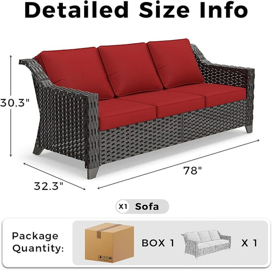 77'' Patio Sofa, All Weather Outdoor Rattan Wicker 3-Seat Sofa High Back Couch with Premium Cushions for Garden Backyard Porch(Brown/Red)