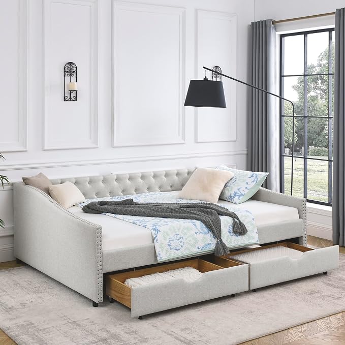 KEIKI Queen Size Upholstery Daybed with 2 Drawers and Headboard, Mid-Century Style Tufted Sofa Bed with Button on Back, Easy Assembly, No Box Spring Required, for Living Room and Bedroom, Beige