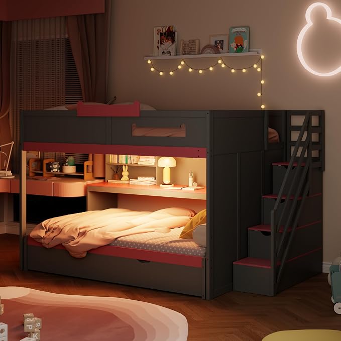 Wood Bunk Bed Full Over Full Size with Storage Staircase and Shelves, Bunk Beds Frame with Trundle and LED for Kids Teens, Space-Saving (Gray-12.15)