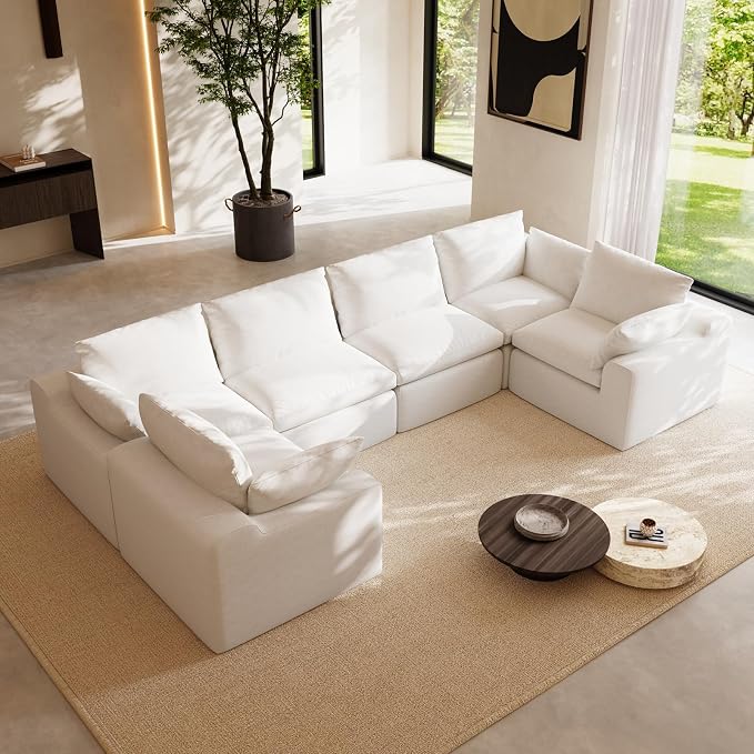 Novilla 133.8" Modular Cloud Couch, Modern Sectional Sofa with Smarts Coil® Support, Chenille Fabric, Upholstered Couch for Living Room Apartments Bedroom, No Assembly, 6 Seater, White