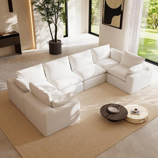 Novilla 133.8" Modular Cloud Couch, Modern Sectional Sofa with Smarts Coil® Support, Chenille Fabric, Upholstered Couch for Living Room Apartments Bedroom, No Assembly, 6 Seater, White