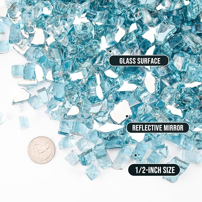 Skyflame 15 Pounds Fire Pit Glass, 1/2 Inch Aqua Blue Reflective Fire Glass for Fire Pit Table/Fireplace/Landscaping