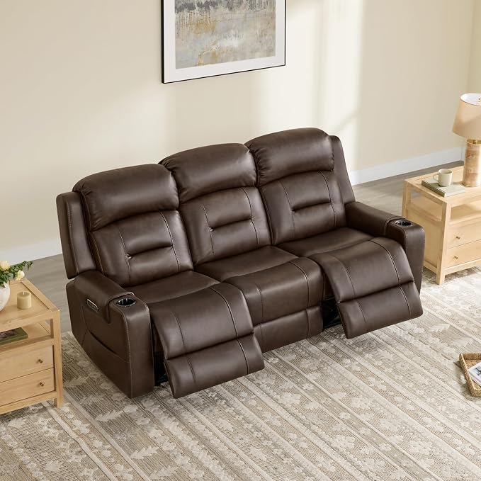Watson & Whitely Genuine Leather Power Reclining Sofa, 3-Seater Lay Flat Recliner Sofa with Power Headrest, Cup Holders, USB & Type-C Ports, Electric Reclining Couch for Living Room, Dark Brown