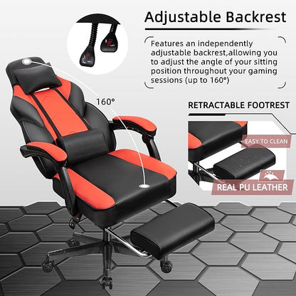 Gaming Chair with Footrest, Massage Lumbar Support, Height Adjustment, and 360° Swivel Seat. Ergonomic Design for Gaming