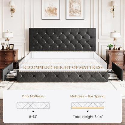 SHA CERLIN Upholstered King Platform Storage Bed Frame with 4 Drawers, Adjustable Headboard with Faux Leather Diamond Button Tufted Design, Wooden Slat Support, No Box Spring Needed, Black