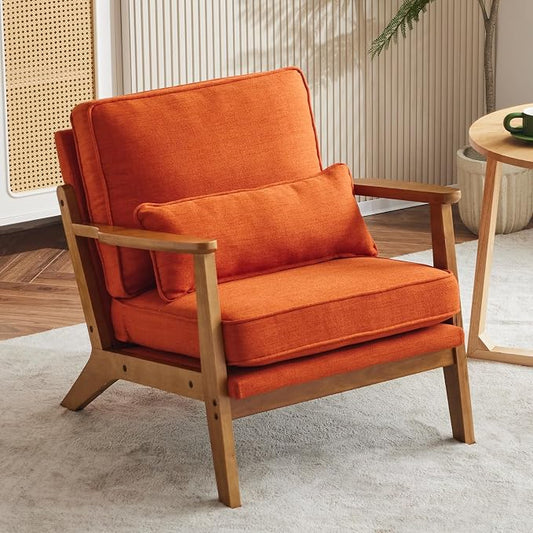 Karl home Mid-Century Lounge Accent Chair, Burnt Orange | Wide Curved Armrest, Linen Fabric, Lumbar Pillow Included, Solid Wood Frame, For Living Room, Bedroom, Balcony, Apartment