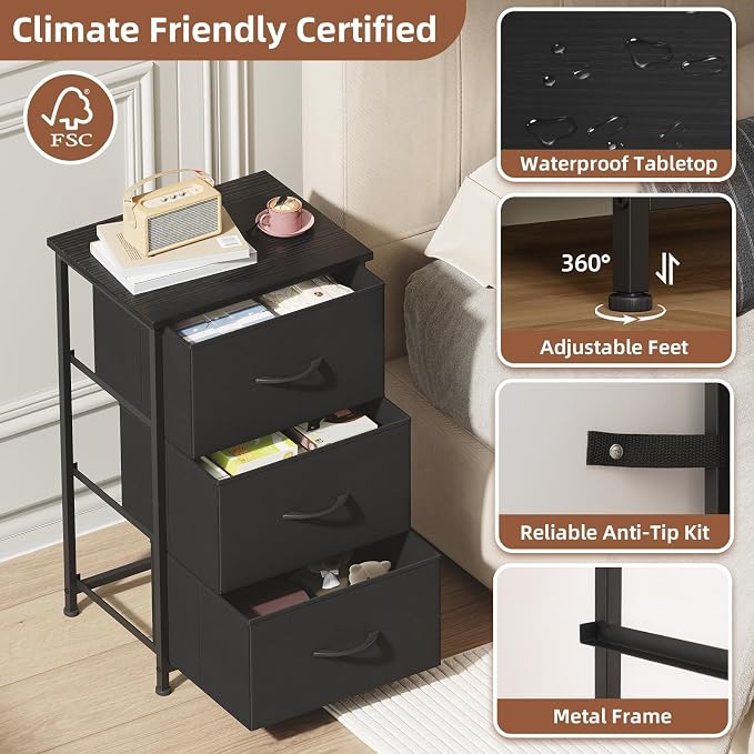 Somdot Dresser for Bedroom with 3 Drawers, Storage Organizer Chest of Drawers with Removable Fabric Bins for Closet Bedside Living Room Laundry Entryway Hallway, Black