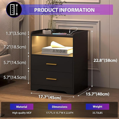 dnbss Black LED Nightstand with Charging Station, Modern Night Stands with 24-Color RGB LED Lights, Smart Lighted Black Bedside Table with 2 Drawers for Bedroom