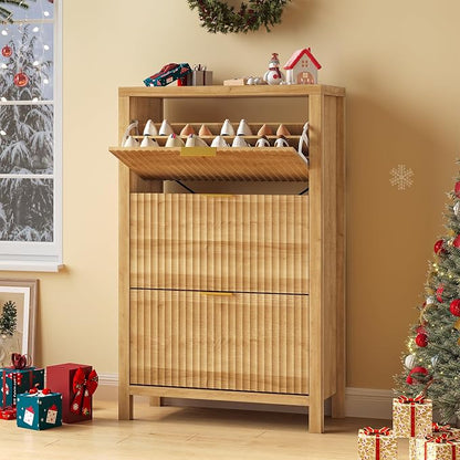YOMILUVE Shoe Cabinet Storage for Entryway, Fluted Shoe Cabinet with 3 Flip Drawers, Hidden Shoe Rack Tall Freestanding Shoe Organizer with Legs for Hallway, Oak