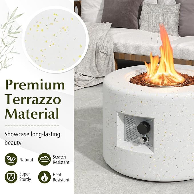 Tangkula Propane Fire Pit Table, 25.5” Round Terrazzo Gas Fire Pit with Stainless Steel Burner & Lava Rocks, Protective Cover & Tank Seat Included, 40,000 BTU Smokeless Fire Pit for Outside Patio