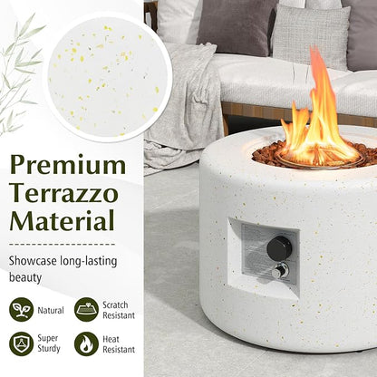Tangkula Propane Fire Pit Table, 25.5” Round Terrazzo Gas Fire Pit with Stainless Steel Burner & Lava Rocks, Protective Cover & Tank Seat Included, 40,000 BTU Smokeless Fire Pit for Outside Patio
