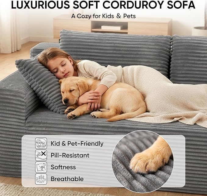 Boneless Couch, 102.4" Sectional Couches for Living Room with L Shape Sofa | Cloud Couch Sectional with Chaise, Modular Cloud Sofa with Deep Seat, No Assembly, Beige, Corduroy, Right Chaise