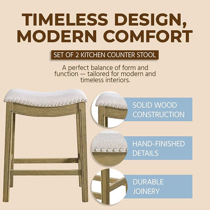 ROME + OAK Set of 2 Parker 26" Counter Stool, Backless Saddle Kitchen Barstool in Natural Wood Finish with Wheat Cream Fabric Upholstery Cushion Seat