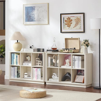 Joaxswe 6 Cube Bookcase, 40" Wide Horizontal 2-Tier Book Shelf w/Curved Edge, Wood Low Floor Standing Bookshelf with Base, Modern Short Storage Organizer for Living Room,Office, Gray-White Cream Oak