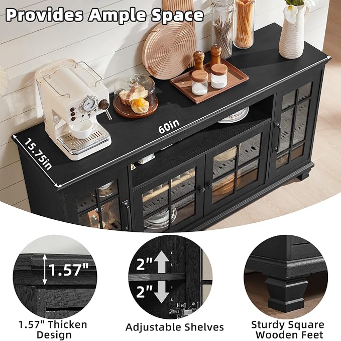 SAVOR LIFE Large Black Sideboard Buffet Cabinet with Storage,Vintage Farmhouse 60" Wide Buffet Cabinet with Glass Doors & Wood Legs,Coffee Bar Cabinet for Dining Room, Living Room