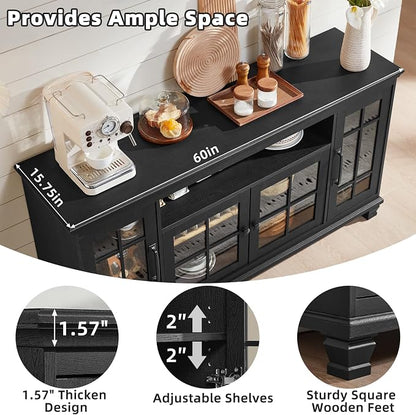 SAVOR LIFE Large Black Sideboard Buffet Cabinet with Storage,Vintage Farmhouse 60" Wide Buffet Cabinet with Glass Doors & Wood Legs,Coffee Bar Cabinet for Dining Room, Living Room