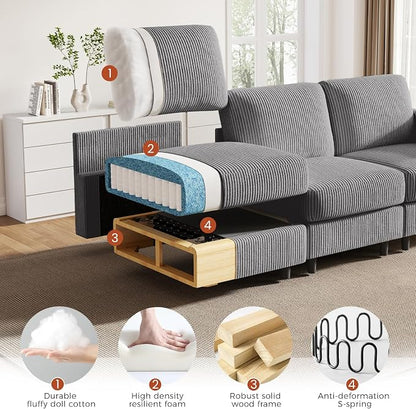 KKL Modular Sectional Sofa Bed - Sofabed with Storage Ottoman, Convertible L/U-Shaped Sleeper Couch for Living Room, Modern Reversible Design, Grey