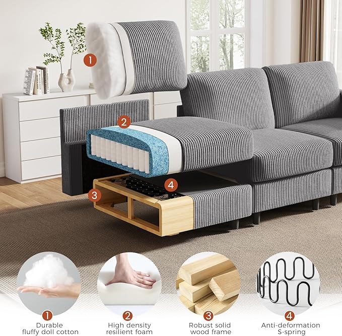 KKL Modular Sectional Sofa Bed with Storage Ottoman, Convertible L/U-Shaped Sleeper Couch for Living Room, Modern Reversible Design(Grey,5 Seater L Shape)