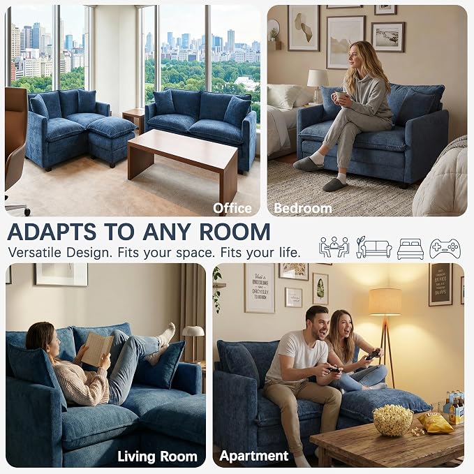 Loveseat Sofa with Ottoman, 52'' Modern Cloud Sofa Couch with 27" Deep Seat & 2 Pillows, Comfy Chenille Small Couch for Small Spaces, Apartment, Studio, Bedroom, Living Room