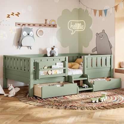 Bellemave Twin Montessori Bed with Stairs, Rails and Slats, Twin Size Montessori Floor Bed with Bookshelf and 2 Storage Drawers, Easy Assemble Beds Frame for Girls, Boys, Avocado Green