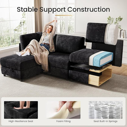 KKL Modular Sectional Sofa Bed with Storage Ottoman, 123 Inch Convertible L/U/J-Shaped Sleeper Couch Plush Wide-Wale Corduroy for Living Room, Apartment, Modern Design, Black