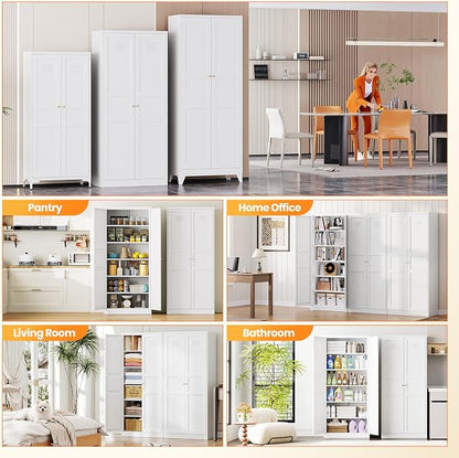 71" Tall Kitchen Pantry Storage Cabinet with 2 Doors and 5 Adjustable Shelve, Metal White Food Pantry Cabinet, Kitchen Cabinet Storage Unit,6 Tier Freestanding Cupboard for Kitchen Dining/Living Room