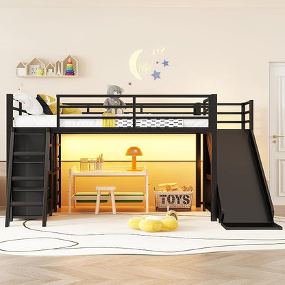 Bellemave Twin Size Low Loft Bed with Slide & 7 Fabric Storage Drawers,Metal Loft Bed Frame with Shelves and LED Lights for Boys Girls,Kids Loft Bed Twin,Black