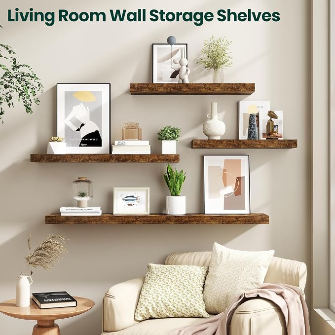 Floating Shelves for Wall, 48 Inch x 8 Inch Deep Wall Mounted Wood Shelf with Invisible Brackets for Storage & Display, Living Room Bedroom Kitchen, Rustic Brown, Set of 2