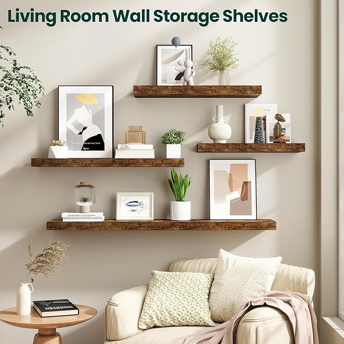 Floating Shelves for Wall, 24 Inch x 8 Inch Deep Wall Mounted Wood Shelf with Invisible Brackets for Storage & Display, Living Room Bedroom Kitchen, Rustic Brown, Set of 2