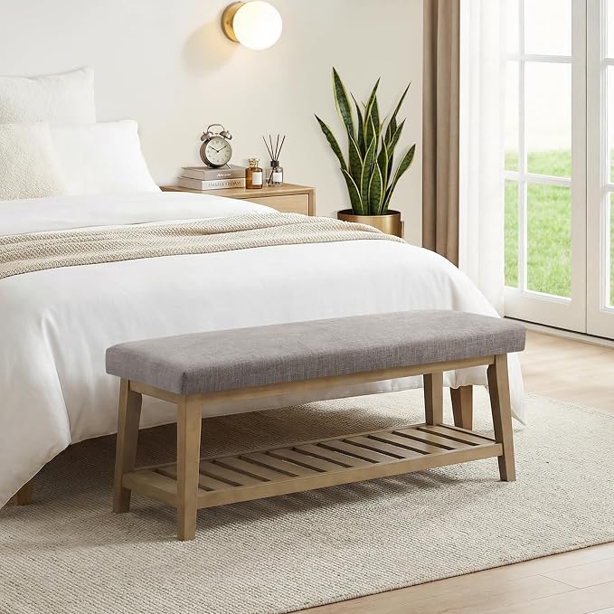 Entryway Bench with Cushion, Upholstered Shoe Rack Bench with Solid Wood Shelf, 44" End of Bed Bench for Bedroom, Chenille Fabric Storage Bench for Entryway, Hallway, Living Room (Grey)