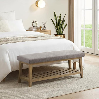 Entryway Bench with Cushion, Upholstered Shoe Rack Bench with Solid Wood Shelf, 44" End of Bed Bench for Bedroom, Chenille Fabric Storage Bench for Entryway, Hallway, Living Room (Grey)