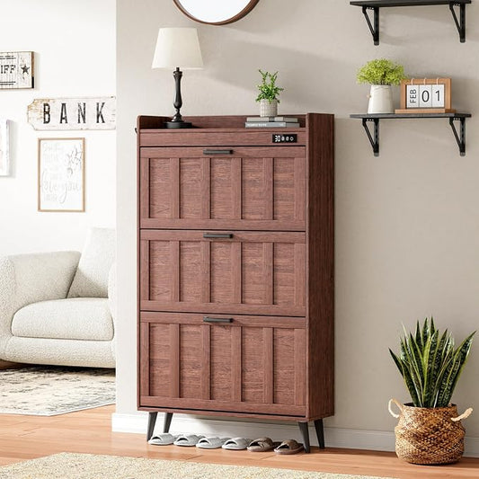 ChooChoo Shoe Storage Cabinet with 3 Flip Drawers, Deodorizing Shoe Organizer Storage for Entryway, Freestanding Hidden Slim Narrow Shoe Rack Cabinet, Walnut