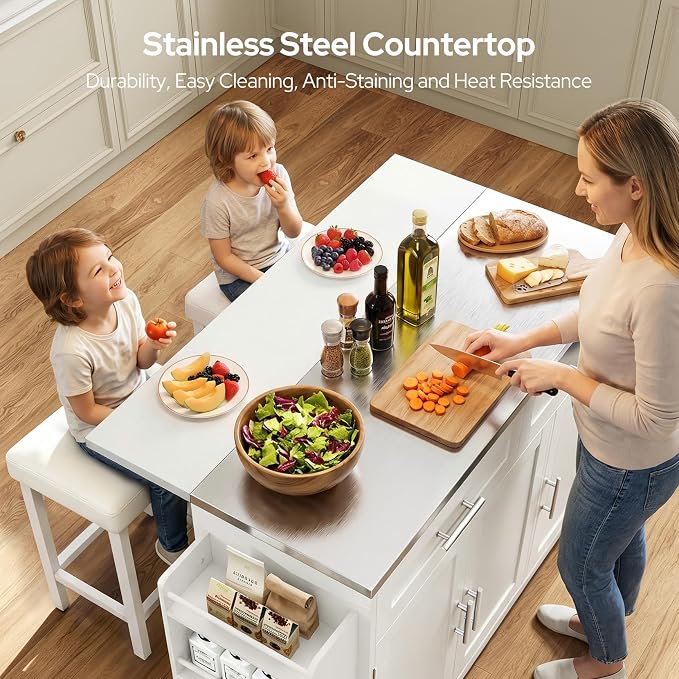 Concho 56'' Kitchen Island with Seating and Stainless Steel Countertop, Rolling Kitchen Carts on Wheels with Folding Drop Leaf, Bar Stool, Power Outlet, Spice/Towel Rack, White